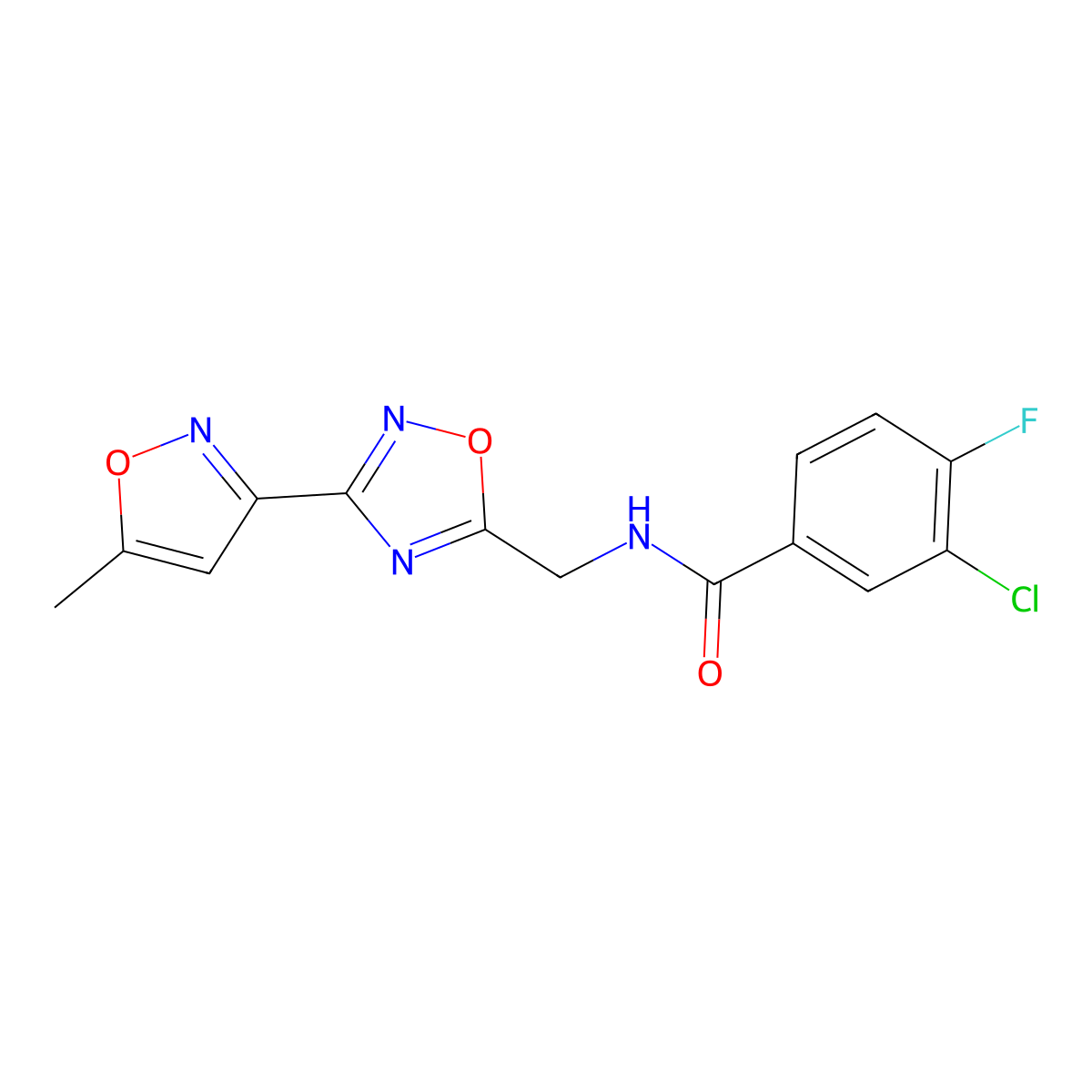 3-chloro-4-fluoro-N-((3-(5-methylisoxazol-3-yl)-1,2,4-oxadiazol-5-yl)methyl)benzamide molecular structure, CAS 2034420-98-7