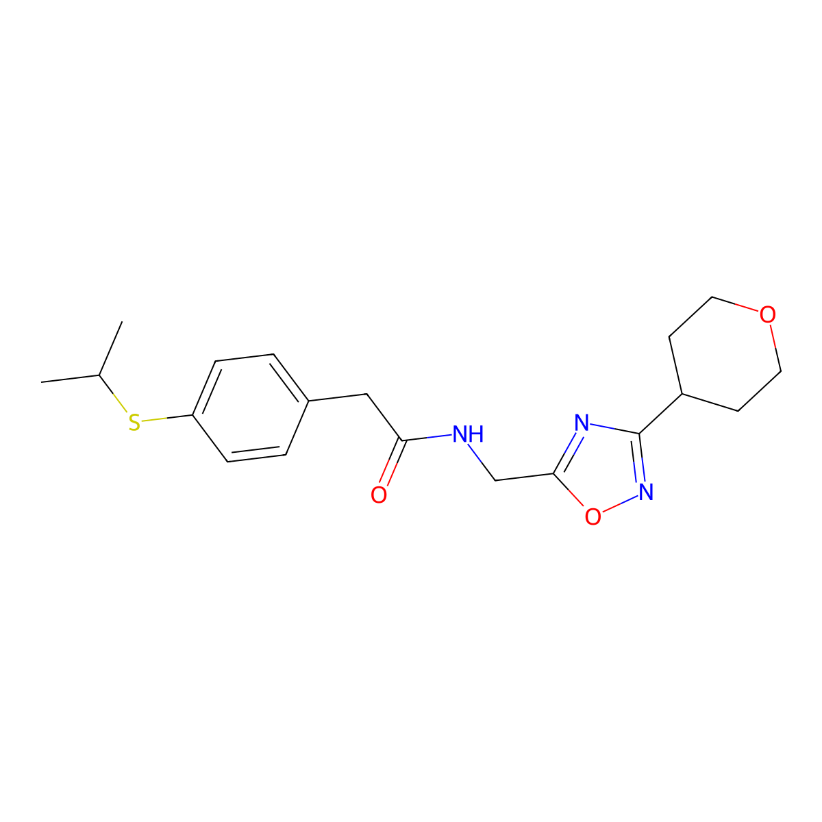 2-(4-(isopropylthio)phenyl)-N-((3-(tetrahydro-2H-pyran-4-yl)-1,2,4-oxadiazol-5-yl)methyl)acetamide molecular structure, CAS 2034420-99-8