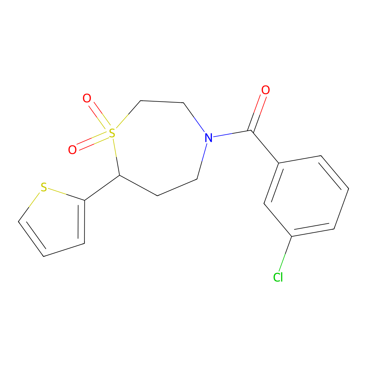 (3-Chlorophenyl)(1,1-dioxido-7-(thiophen-2-yl)-1,4-thiazepan-4-yl)methanone molecular structure, CAS 2034421-03-7