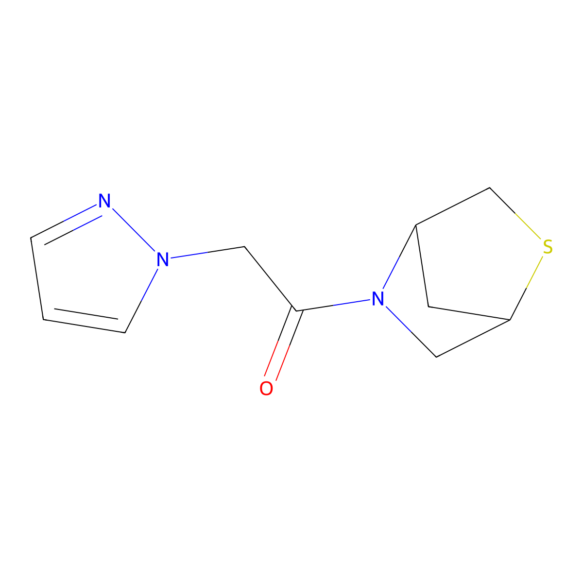 1-(2-thia-5-azabicyclo[2.2.1]heptan-5-yl)-2-(1H-pyrazol-1-yl)ethanone molecular structure, CAS 2034421-05-9