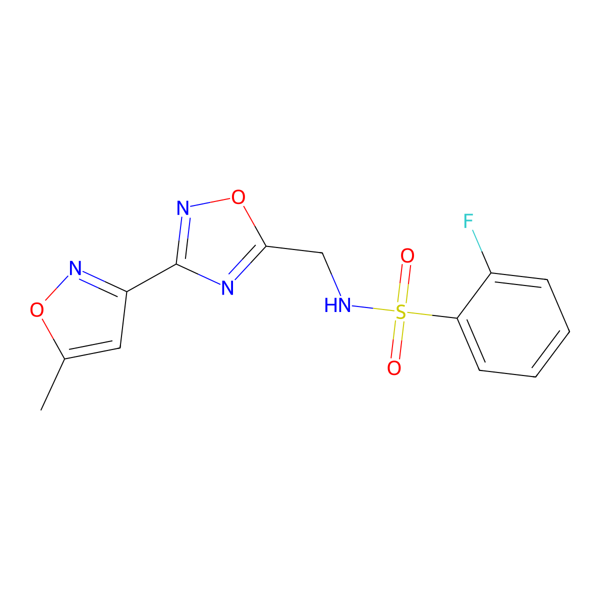 2-fluoro-N-((3-(5-methylisoxazol-3-yl)-1,2,4-oxadiazol-5-yl)methyl)benzenesulfonamide molecular structure, CAS 2034421-06-0