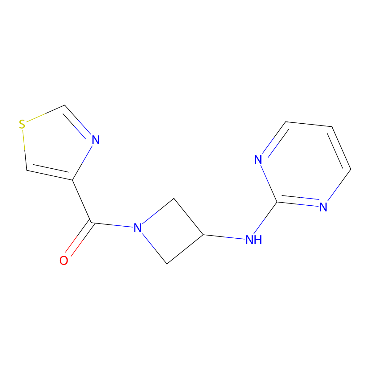 (3-(Pyrimidin-2-ylamino)azetidin-1-yl)(thiazol-4-yl)methanone molecular structure, CAS 2034421-09-3