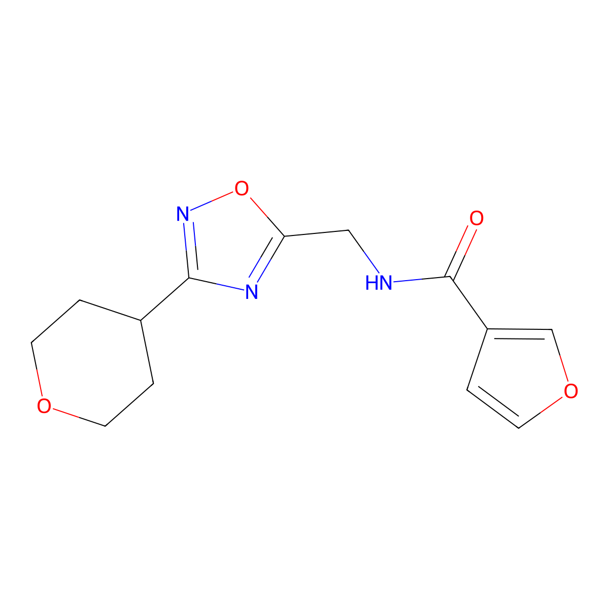 N-((3-(tetrahydro-2H-pyran-4-yl)-1,2,4-oxadiazol-5-yl)methyl)furan-3-carboxamide molecular structure, CAS 2034421-10-6