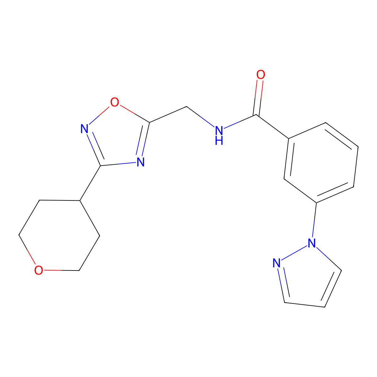 3-(1H-pyrazol-1-yl)-N-((3-(tetrahydro-2H-pyran-4-yl)-1,2,4-oxadiazol-5-yl)methyl)benzamide molecular structure, CAS 2034421-16-2