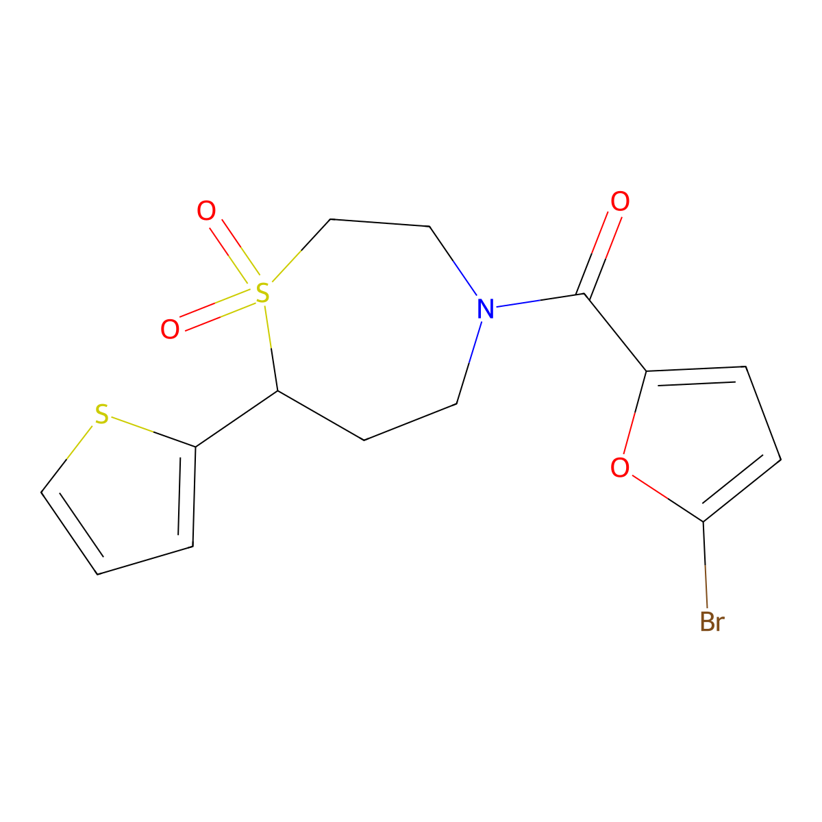 (5-Bromofuran-2-yl)(1,1-dioxido-7-(thiophen-2-yl)-1,4-thiazepan-4-yl)methanone molecular structure, CAS 2034421-19-5