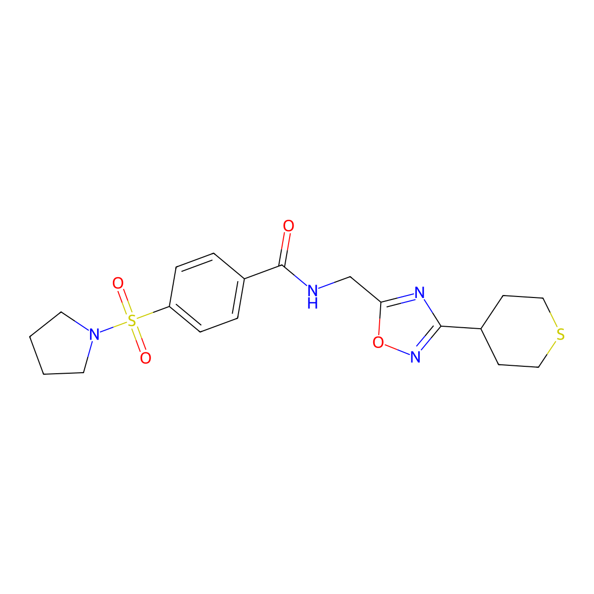 4-(pyrrolidin-1-ylsulfonyl)-N-((3-(tetrahydro-2H-thiopyran-4-yl)-1,2,4-oxadiazol-5-yl)methyl)benzamide molecular structure, CAS 2034421-25-3