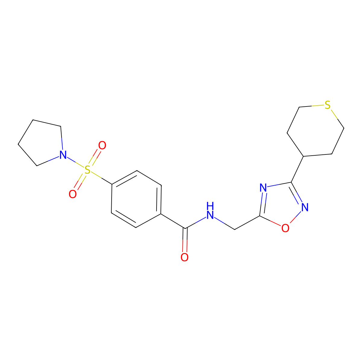 4-(pyrrolidin-1-ylsulfonyl)-N-((3-(tetrahydro-2H-thiopyran-4-yl)-1,2,4-oxadiazol-5-yl)methyl)benzamide molecular structure, CAS 2034421-25-3