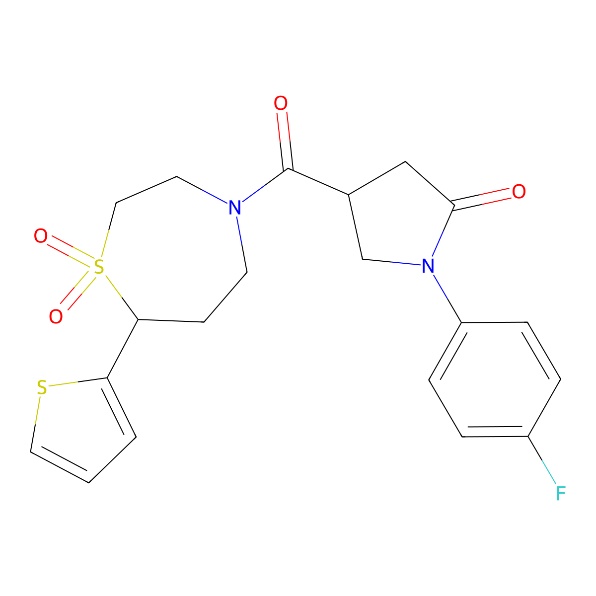 4-(1,1-Dioxido-7-(thiophen-2-yl)-1,4-thiazepane-4-carbonyl)-1-(4-fluorophenyl)pyrrolidin-2-one molecular structure, CAS 2034421-27-5