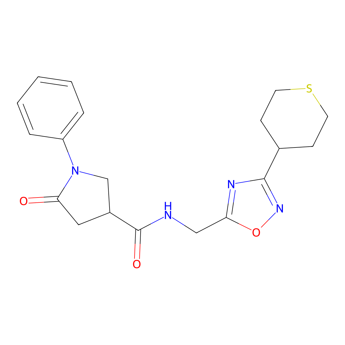 5-oxo-1-phenyl-N-((3-(tetrahydro-2H-thiopyran-4-yl)-1,2,4-oxadiazol-5-yl)methyl)pyrrolidine-3-carboxamide molecular structure, CAS 2034421-31-1