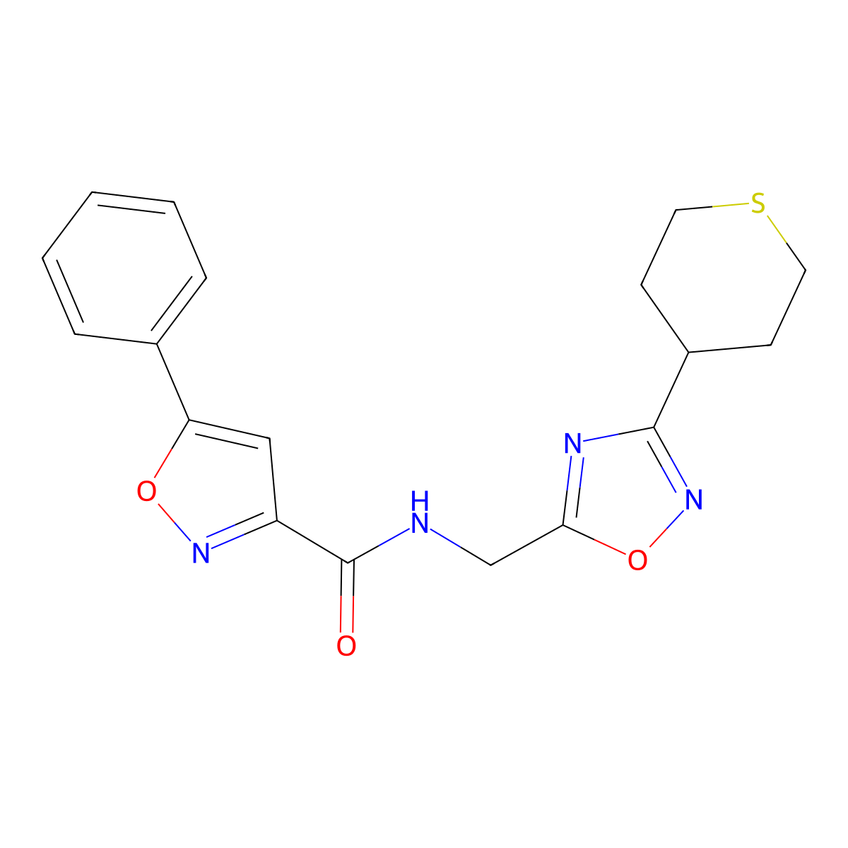 5-phenyl-N-((3-(tetrahydro-2H-thiopyran-4-yl)-1,2,4-oxadiazol-5-yl)methyl)isoxazole-3-carboxamide molecular structure, CAS 2034421-38-8
