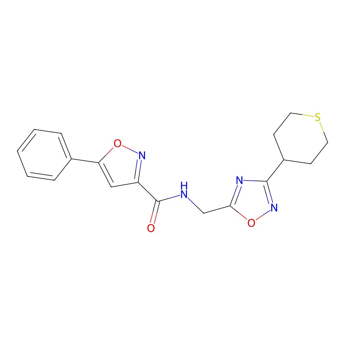 5-phenyl-N-((3-(tetrahydro-2H-thiopyran-4-yl)-1,2,4-oxadiazol-5-yl)methyl)isoxazole-3-carboxamide molecular structure, CAS 2034421-38-8
