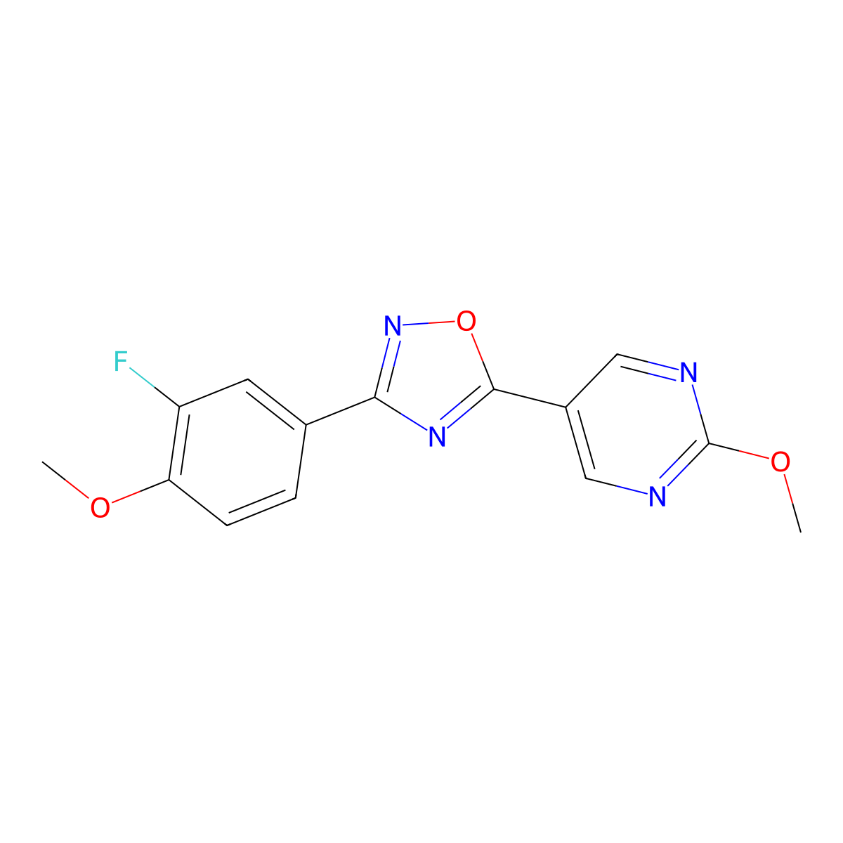 3-(3-Fluoro-4-methoxyphenyl)-5-(2-methoxypyrimidin-5-yl)-1,2,4-oxadiazole molecular structure, CAS 2034421-39-9