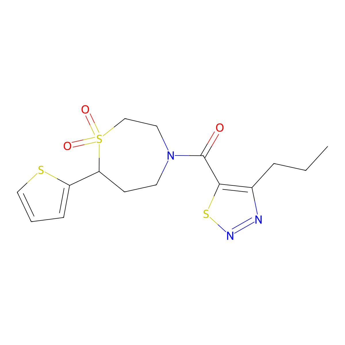 (1,1-Dioxido-7-(thiophen-2-yl)-1,4-thiazepan-4-yl)(4-propyl-1,2,3-thiadiazol-5-yl)methanone molecular structure, CAS 2034421-41-3