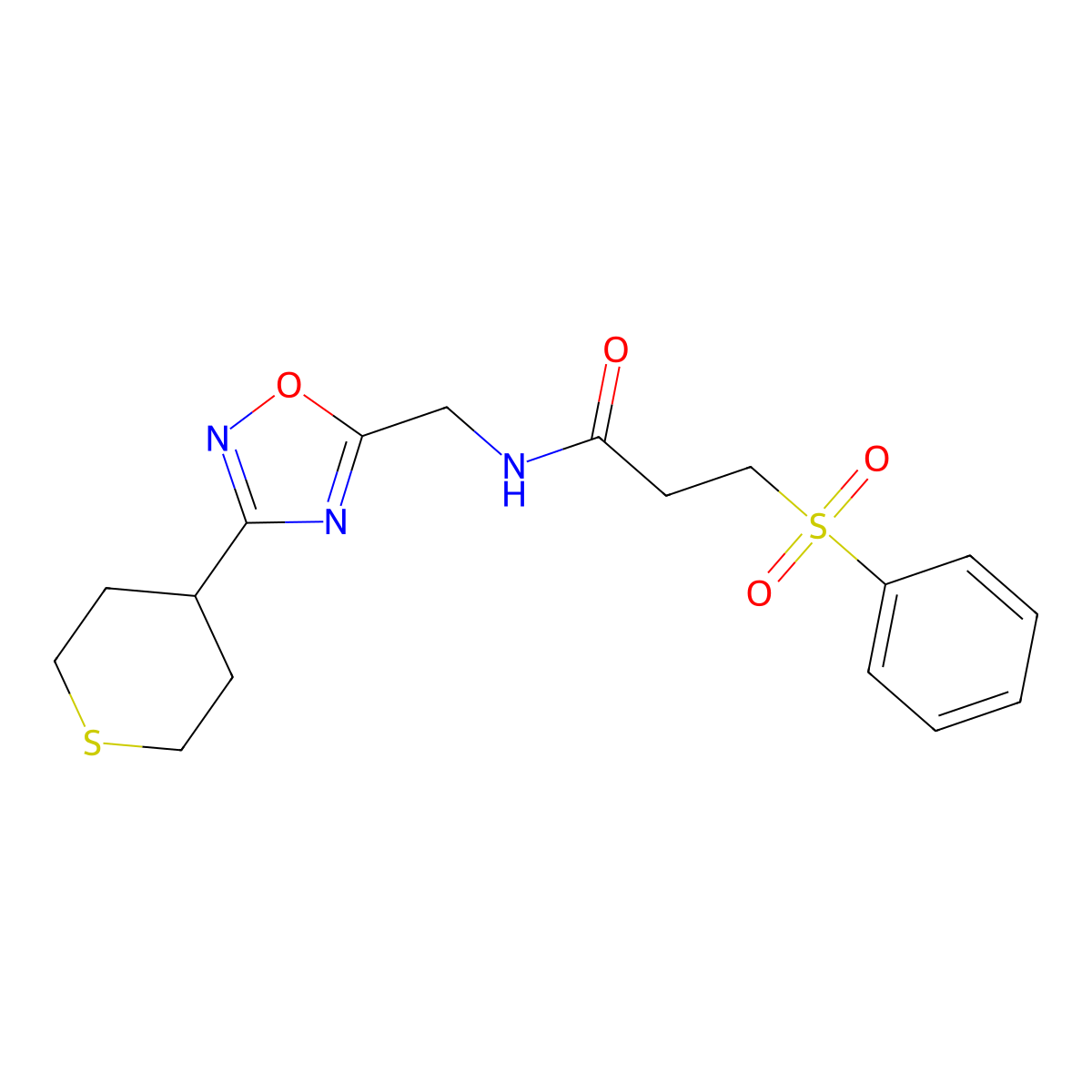 3-(phenylsulfonyl)-N-((3-(tetrahydro-2H-thiopyran-4-yl)-1,2,4-oxadiazol-5-yl)methyl)propanamide molecular structure, CAS 2034421-47-9