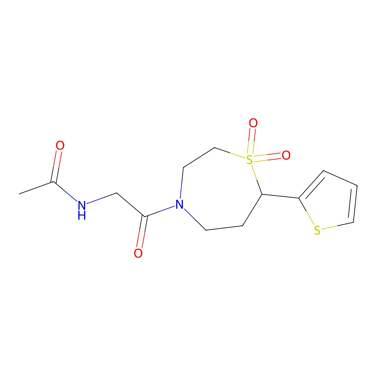N-(2-(1,1-dioxido-7-(thiophen-2-yl)-1,4-thiazepan-4-yl)-2-oxoethyl)acetamide molecular structure, CAS 2034421-51-5