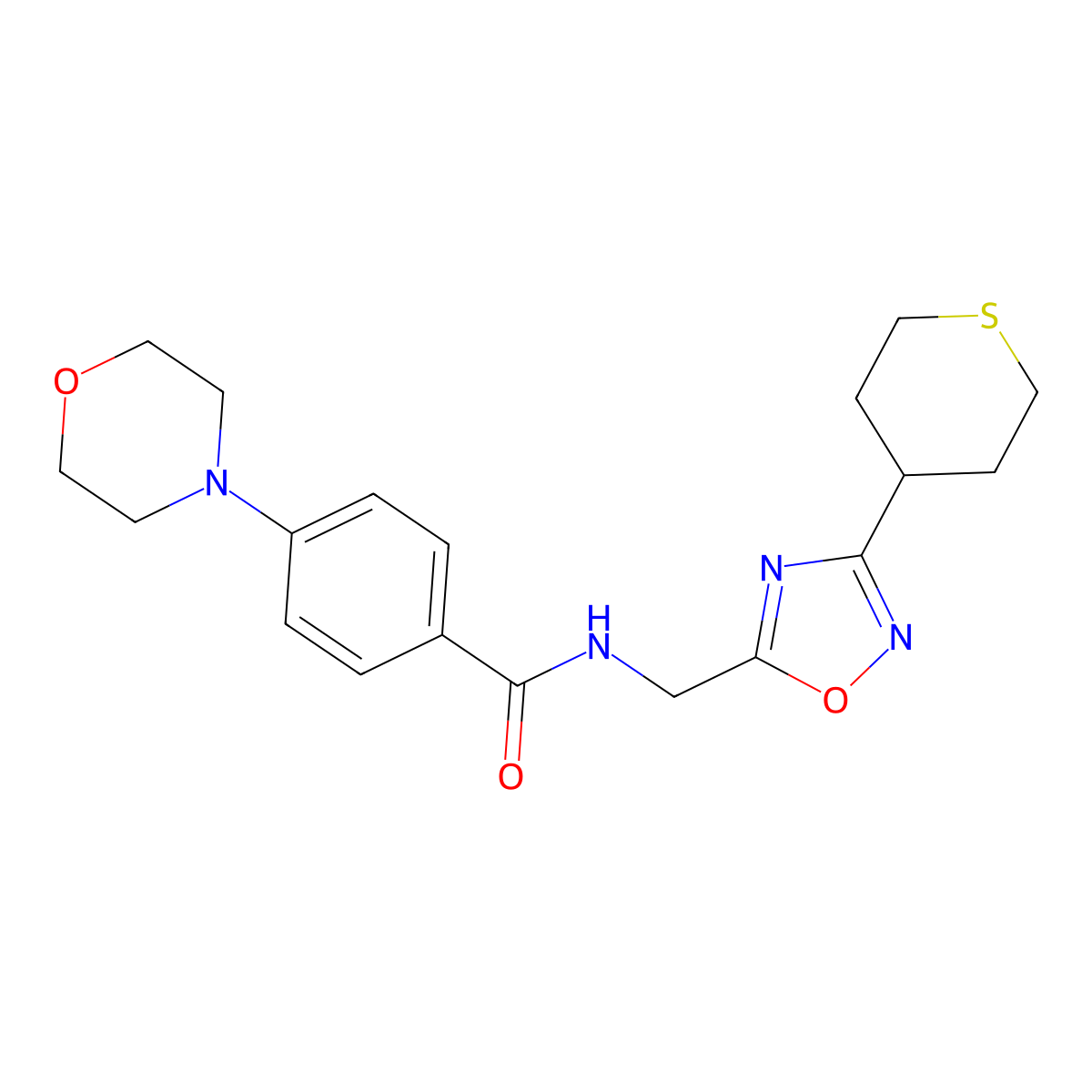 4-morpholino-N-((3-(tetrahydro-2H-thiopyran-4-yl)-1,2,4-oxadiazol-5-yl)methyl)benzamide molecular structure, CAS 2034421-54-8