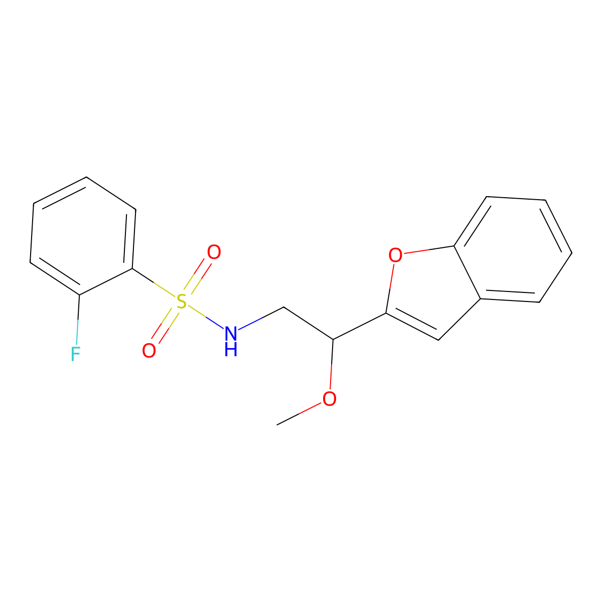 N-(2-(benzofuran-2-yl)-2-methoxyethyl)-2-fluorobenzenesulfonamide molecular structure, CAS 2034421-55-9