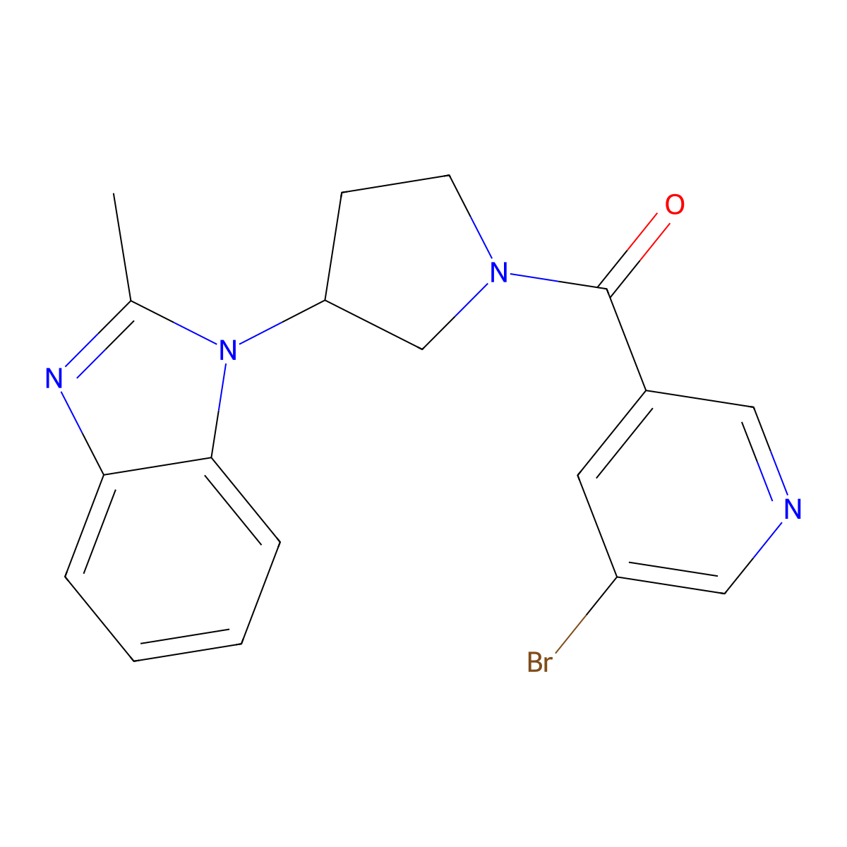 (5-bromopyridin-3-yl)(3-(2-methyl-1H-benzo[d]imidazol-1-yl)pyrrolidin-1-yl)methanone molecular structure, CAS 2034421-56-0
