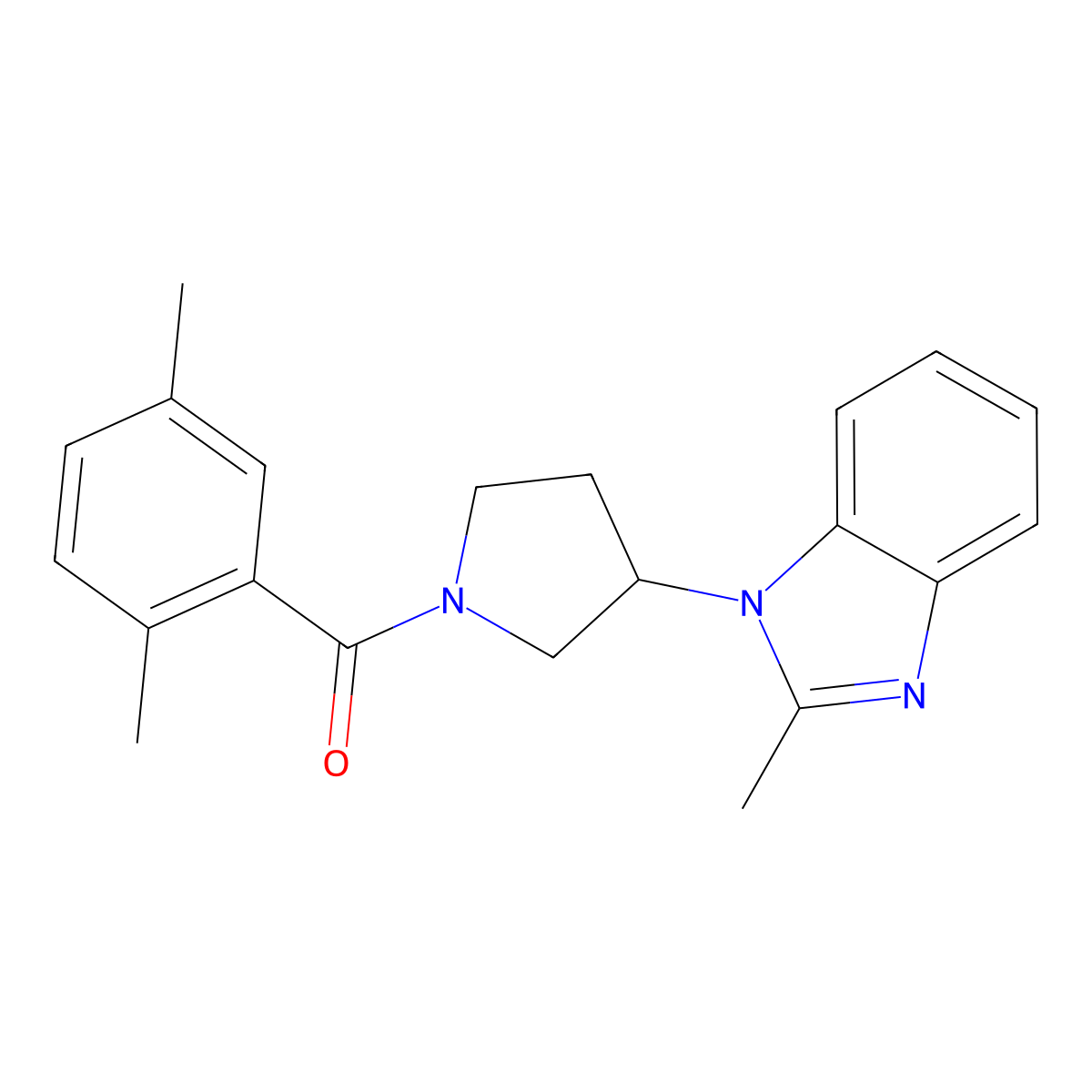 (2,5-dimethylphenyl)(3-(2-methyl-1H-benzo[d]imidazol-1-yl)pyrrolidin-1-yl)methanone molecular structure, CAS 2034421-61-7