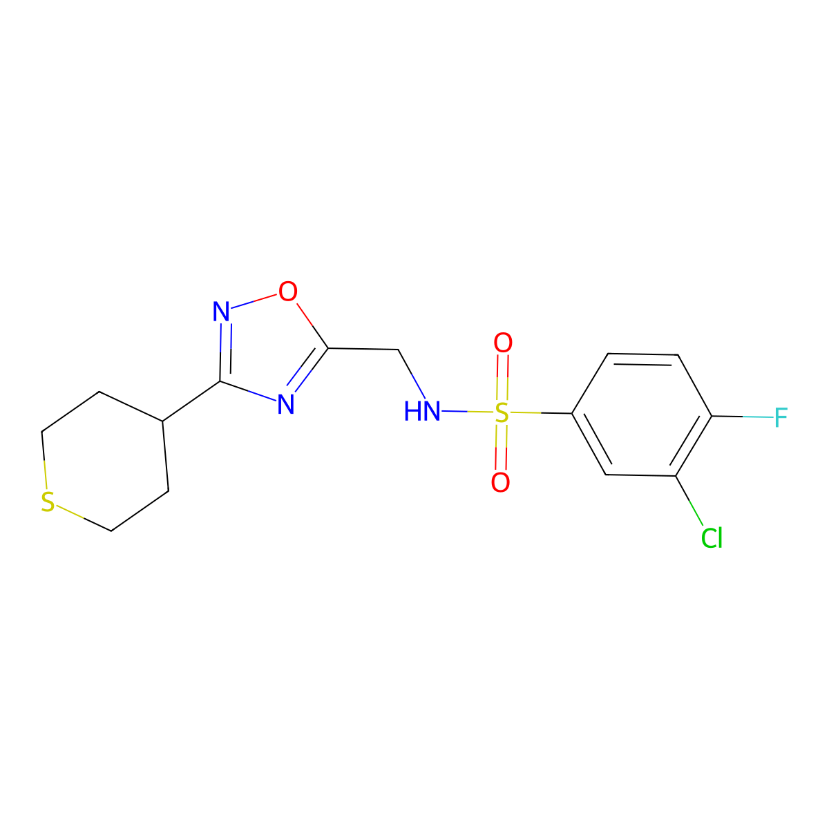 3-chloro-4-fluoro-N-((3-(tetrahydro-2H-thiopyran-4-yl)-1,2,4-oxadiazol-5-yl)methyl)benzenesulfonamide molecular structure, CAS 2034421-62-8