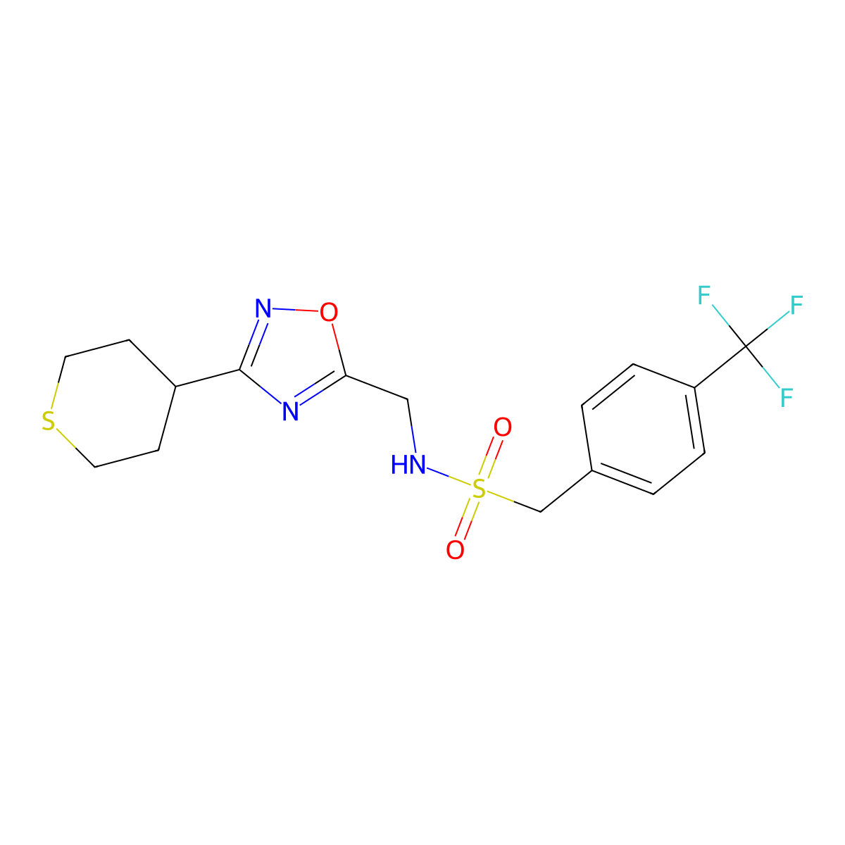 N-((3-(tetrahydro-2H-thiopyran-4-yl)-1,2,4-oxadiazol-5-yl)methyl)-1-(4-(trifluoromethyl)phenyl)methanesulfonamide molecular structure, CAS 2034421-65-1