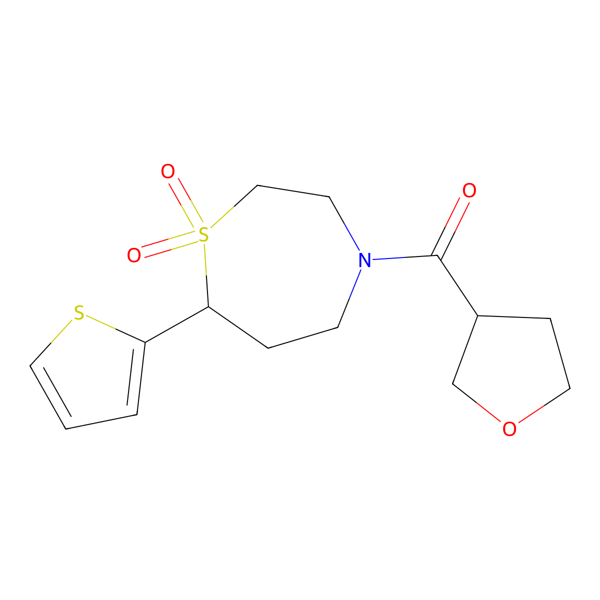 (1,1-Dioxido-7-(thiophen-2-yl)-1,4-thiazepan-4-yl)(tetrahydrofuran-3-yl)methanone molecular structure, CAS 2034421-66-2