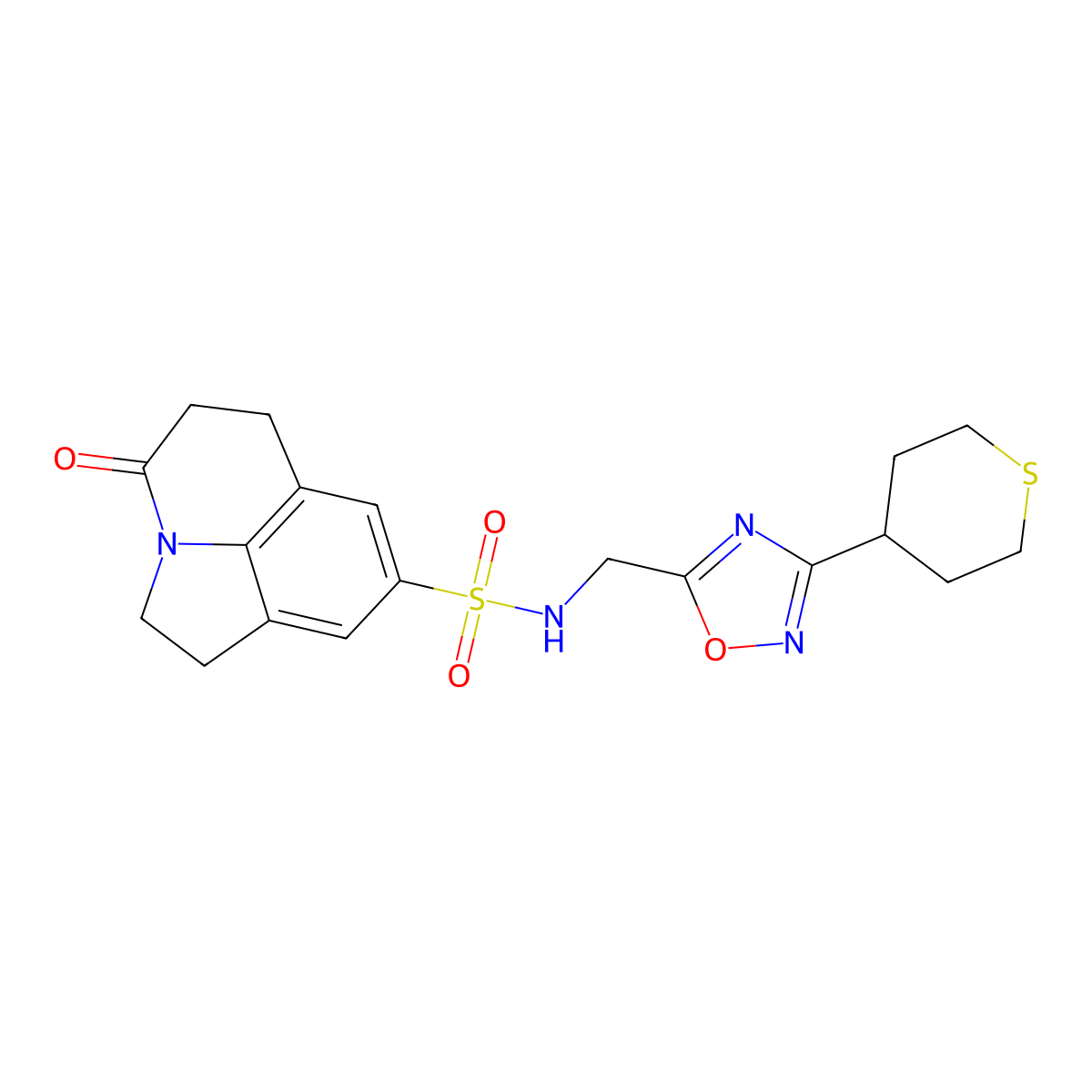 4-oxo-N-((3-(tetrahydro-2H-thiopyran-4-yl)-1,2,4-oxadiazol-5-yl)methyl)-2,4,5,6-tetrahydro-1H-pyrrolo[3,2,1-ij]quinoline-8-sulfonamide molecular structure, CAS 2034421-71-9