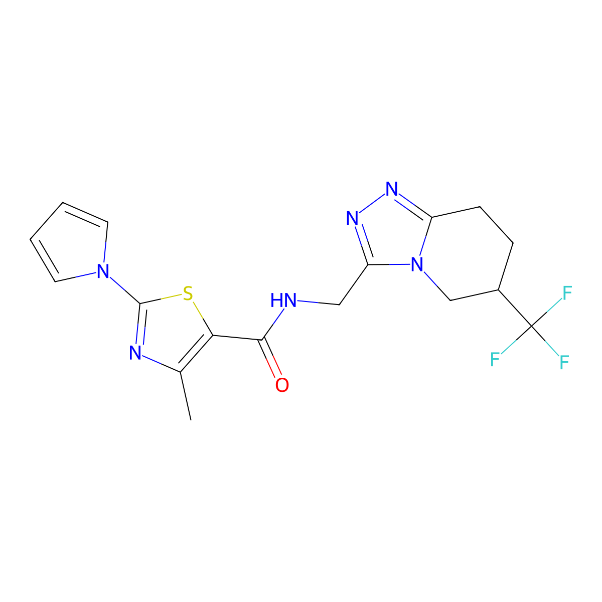 4-methyl-2-(1H-pyrrol-1-yl)-N-((6-(trifluoromethyl)-5,6,7,8-tetrahydro-[1,2,4]triazolo[4,3-a]pyridin-3-yl)methyl)thiazole-5-carboxamide molecular structure, CAS 2034421-79-7