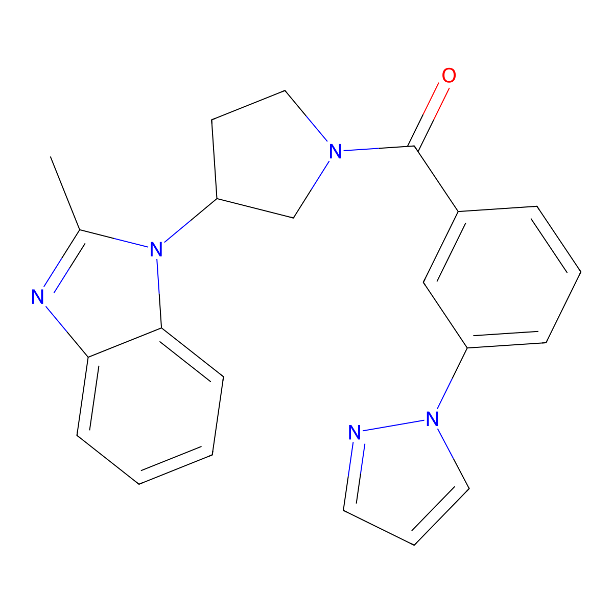 2-methyl-1-{1-[3-(1H-pyrazol-1-yl)benzoyl]pyrrolidin-3-yl}-1H-1,3-benzodiazole molecular structure, CAS 2034421-81-1