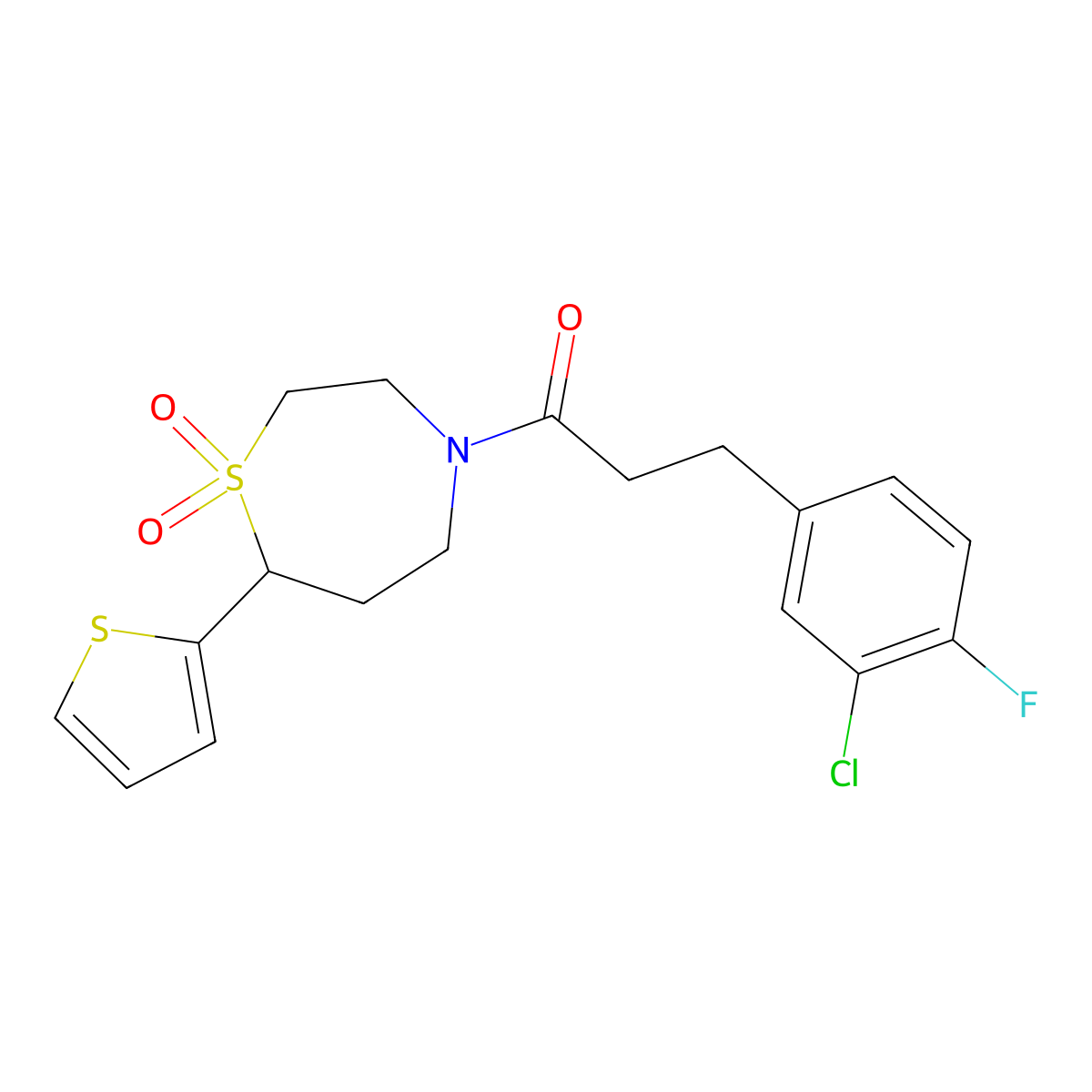 3-(3-Chloro-4-fluorophenyl)-1-(1,1-dioxido-7-(thiophen-2-yl)-1,4-thiazepan-4-yl)propan-1-one molecular structure, CAS 2034421-82-2
