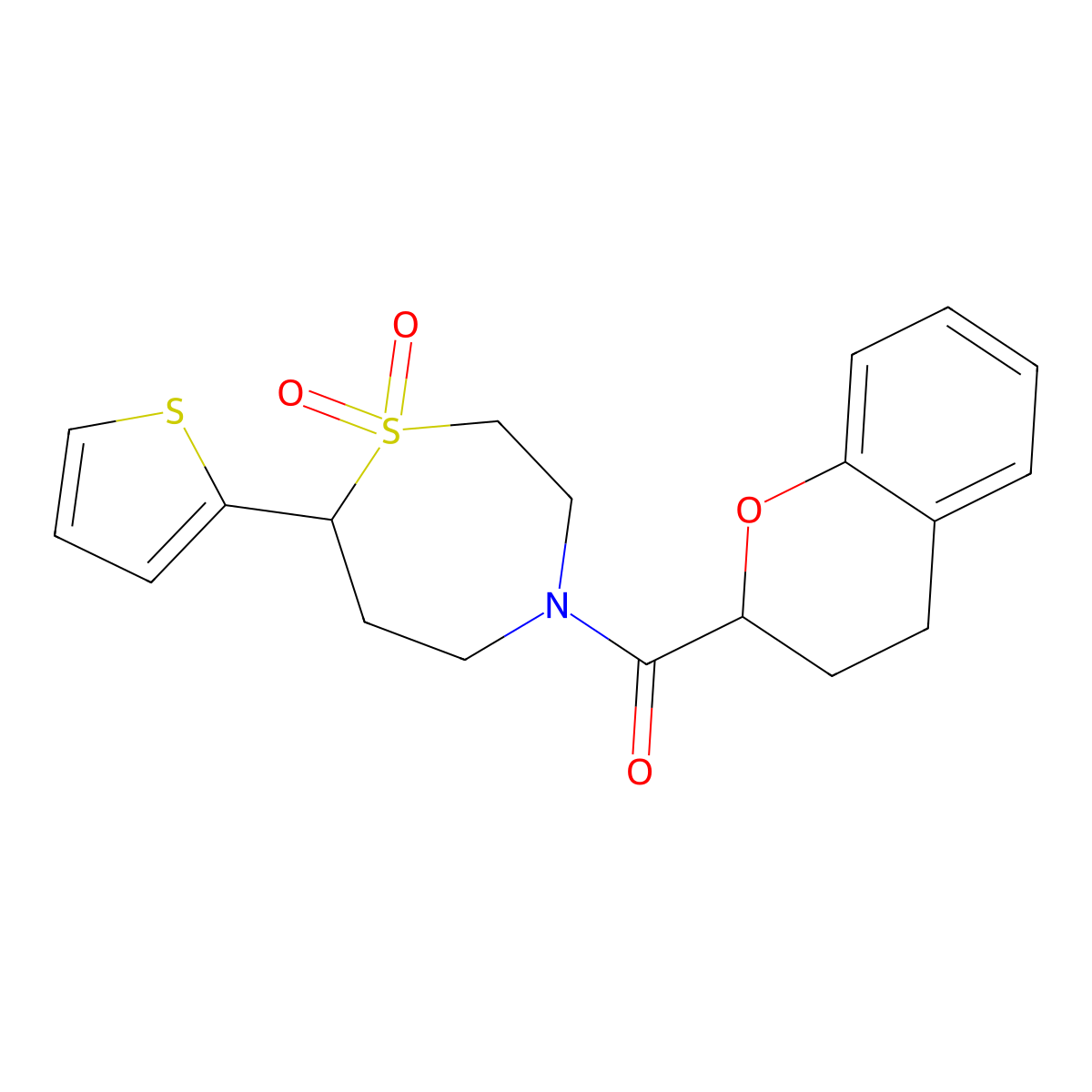 Chroman-2-yl(1,1-dioxido-7-(thiophen-2-yl)-1,4-thiazepan-4-yl)methanone molecular structure, CAS 2034421-89-9