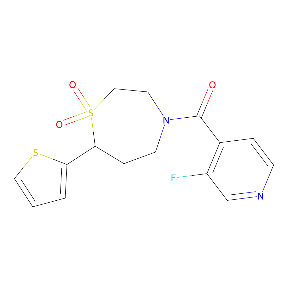 (1,1-Dioxido-7-(thiophen-2-yl)-1,4-thiazepan-4-yl)(3-fluoropyridin-4-yl)methanone molecular structure, CAS 2034421-95-7
