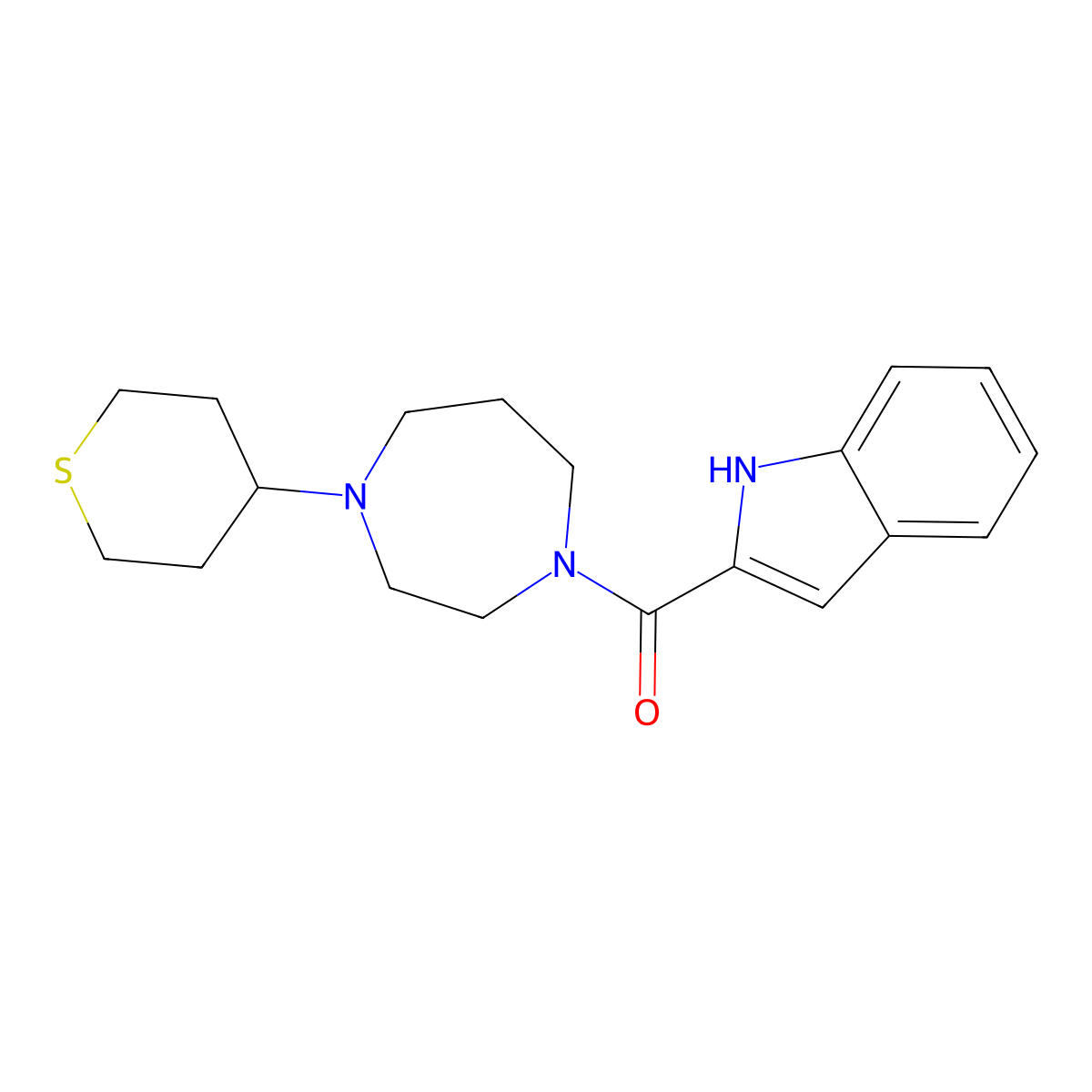 (1H-indol-2-yl)(4-(tetrahydro-2H-thiopyran-4-yl)-1,4-diazepan-1-yl)methanone molecular structure, CAS 2034421-97-9