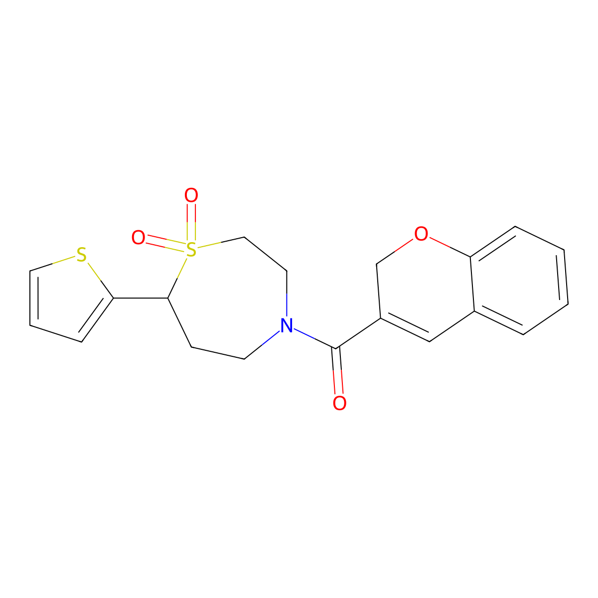 4-(2H-chromene-3-carbonyl)-7-(thiophen-2-yl)-1lambda6,4-thiazepane-1,1-dione molecular structure, CAS 2034422-01-8