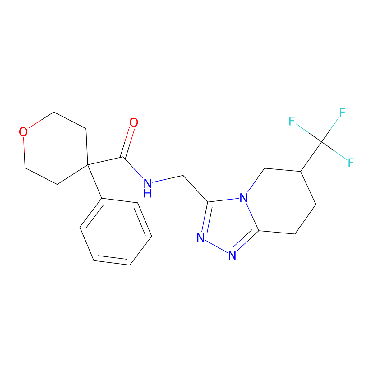 4-phenyl-N-((6-(trifluoromethyl)-5,6,7,8-tetrahydro-[1,2,4]triazolo[4,3-a]pyridin-3-yl)methyl)tetrahydro-2H-pyran-4-carboxamide molecular structure, CAS 2034422-10-9