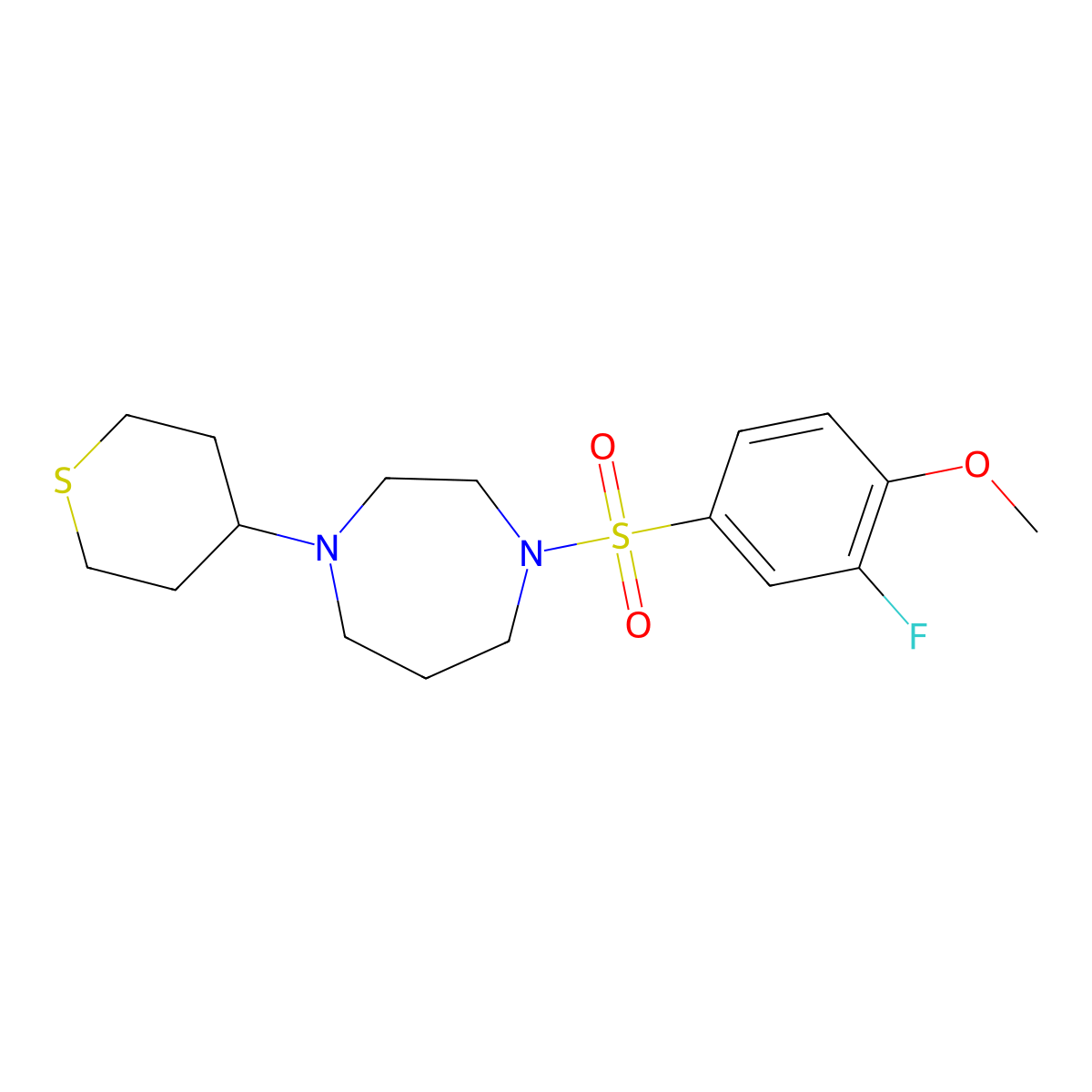 1-((3-fluoro-4-methoxyphenyl)sulfonyl)-4-(tetrahydro-2H-thiopyran-4-yl)-1,4-diazepane molecular structure, CAS 2034422-42-7