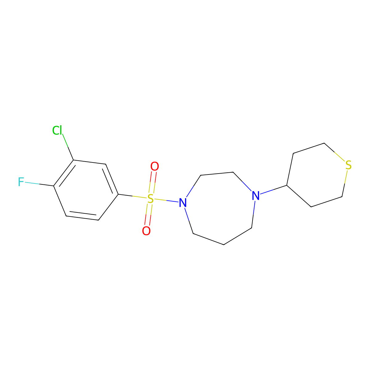 1-((3-chloro-4-fluorophenyl)sulfonyl)-4-(tetrahydro-2H-thiopyran-4-yl)-1,4-diazepane molecular structure, CAS 2034422-44-9