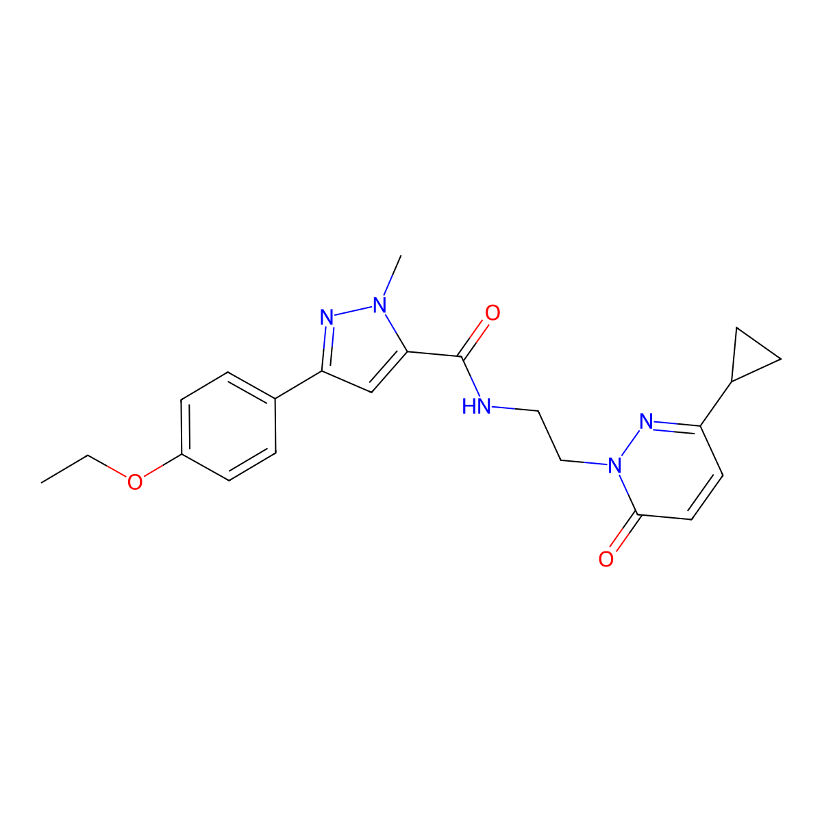 N-(2-(3-cyclopropyl-6-oxopyridazin-1(6H)-yl)ethyl)-3-(4-ethoxyphenyl)-1-methyl-1H-pyrazole-5-carboxamide molecular structure, CAS 2034422-77-8