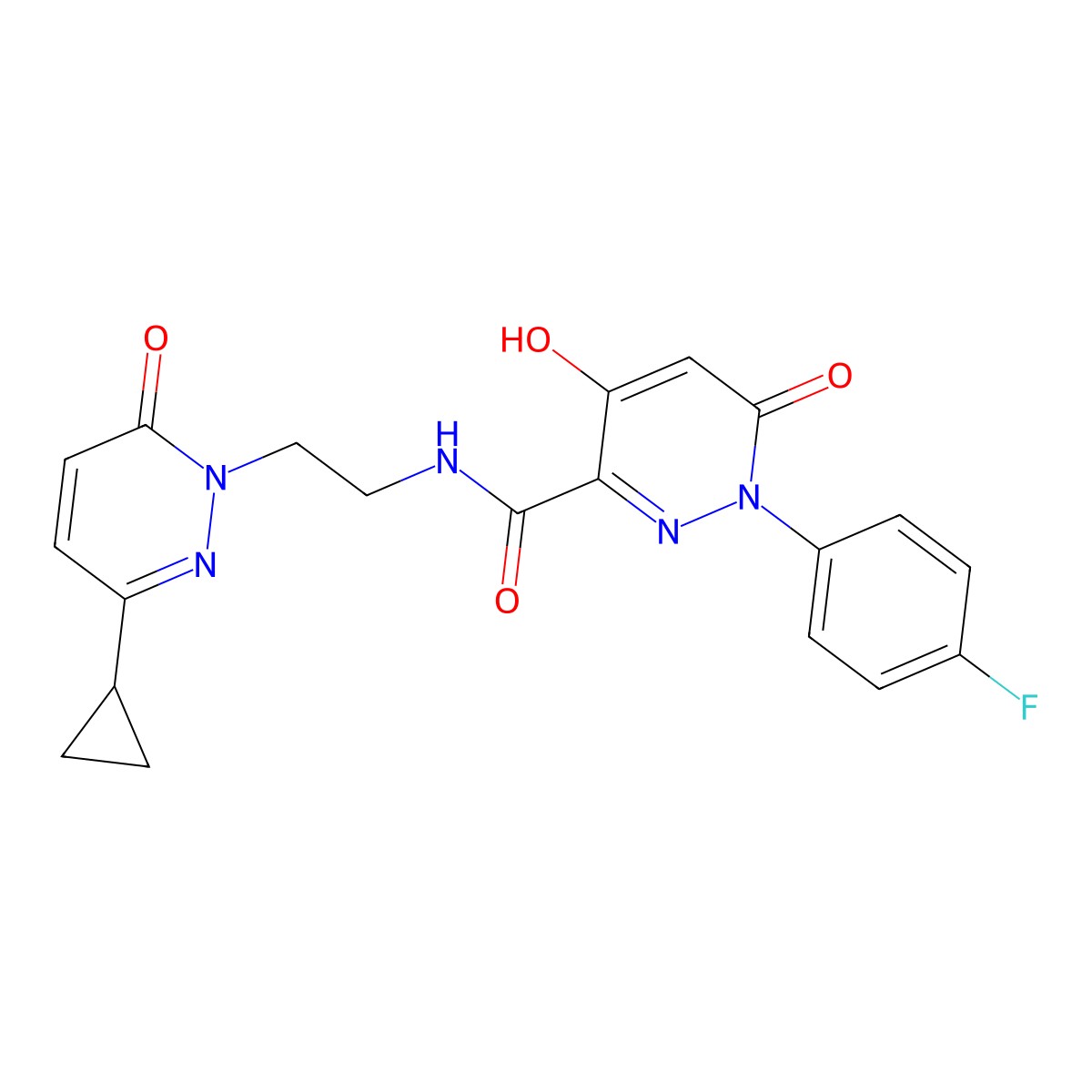 N-(2-(3-cyclopropyl-6-oxopyridazin-1(6H)-yl)ethyl)-1-(4-fluorophenyl)-4-hydroxy-6-oxo-1,6-dihydropyridazine-3-carboxamide molecular structure, CAS 2034422-80-3