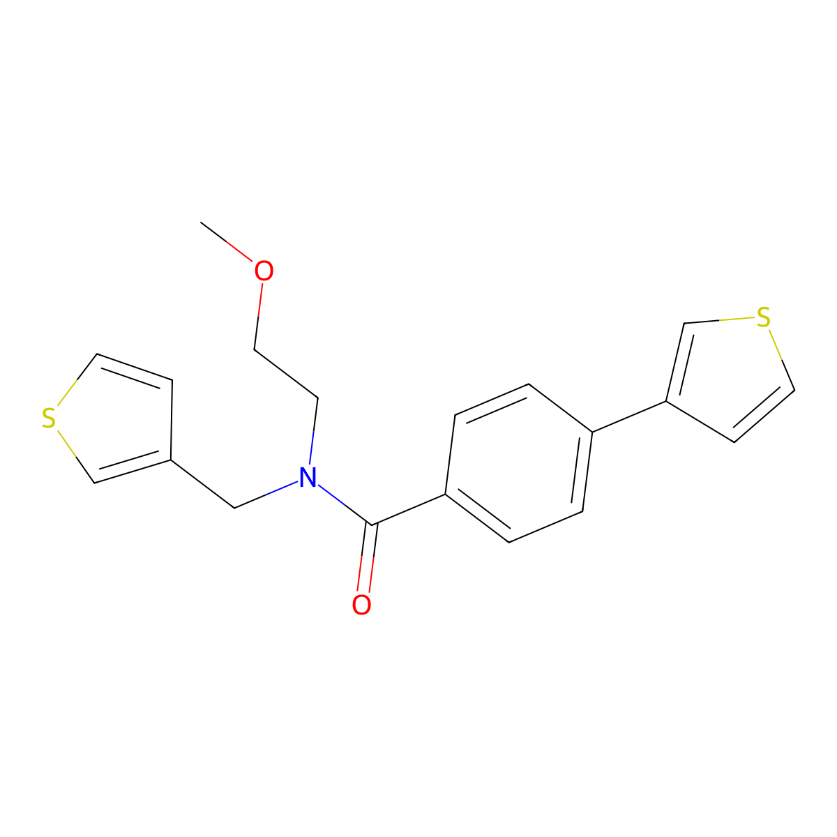 N-(2-methoxyethyl)-4-(thiophen-3-yl)-N-(thiophen-3-ylmethyl)benzamide molecular structure, CAS 2034422-92-7