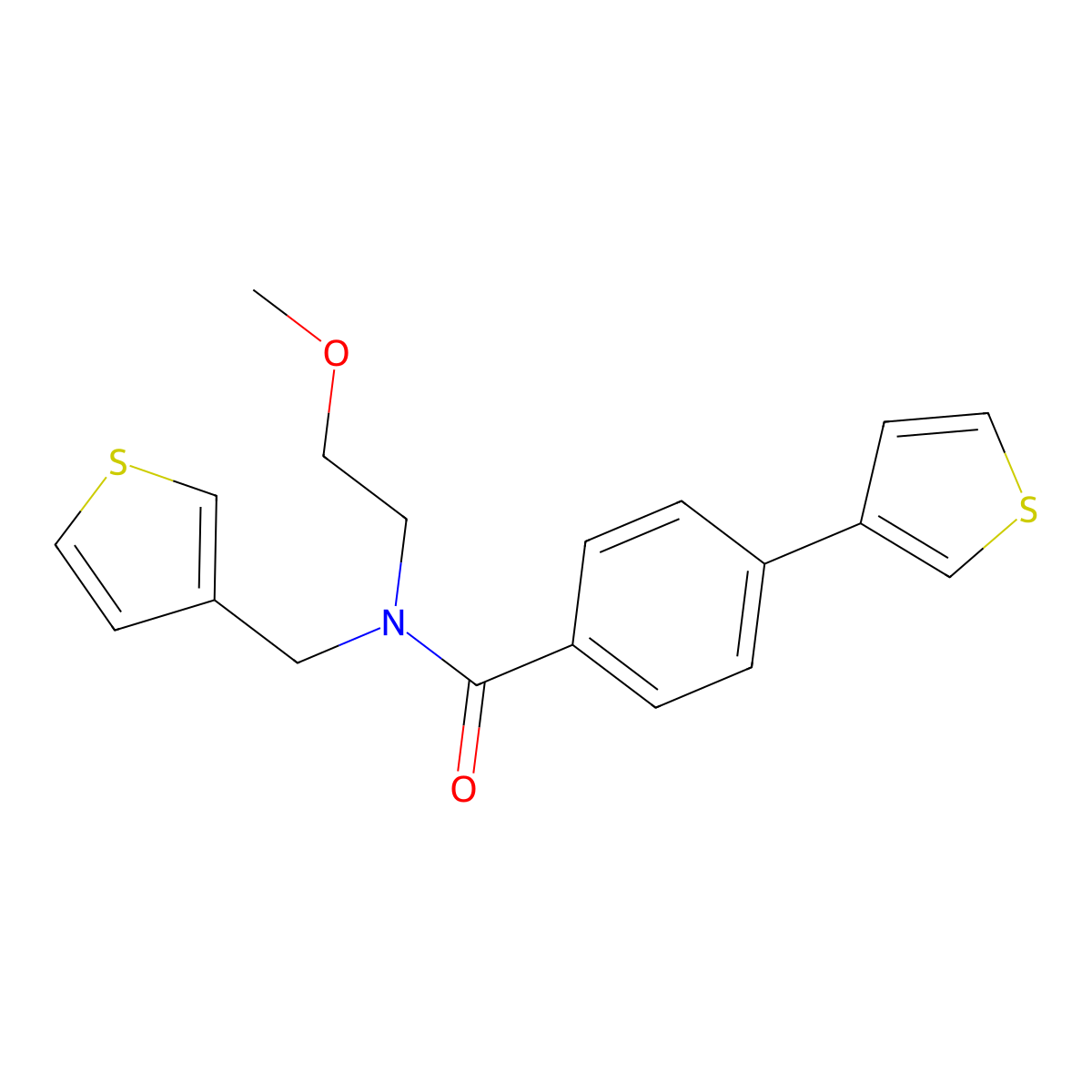 N-(2-methoxyethyl)-4-(thiophen-3-yl)-N-(thiophen-3-ylmethyl)benzamide molecular structure, CAS 2034422-92-7