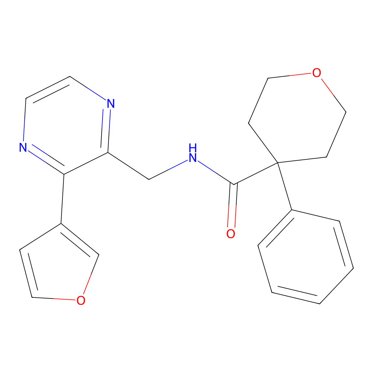 N-((3-(furan-3-yl)pyrazin-2-yl)methyl)-4-phenyltetrahydro-2H-pyran-4-carboxamide molecular structure, CAS 2034422-95-0