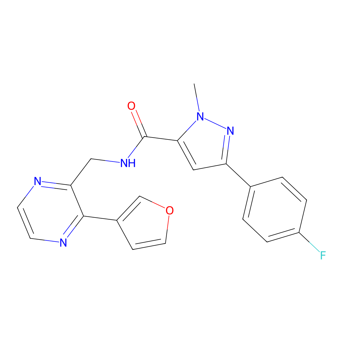 3-(4-fluorophenyl)-N-{[3-(furan-3-yl)pyrazin-2-yl]methyl}-1-methyl-1H-pyrazole-5-carboxamide molecular structure, CAS 2034423-02-2