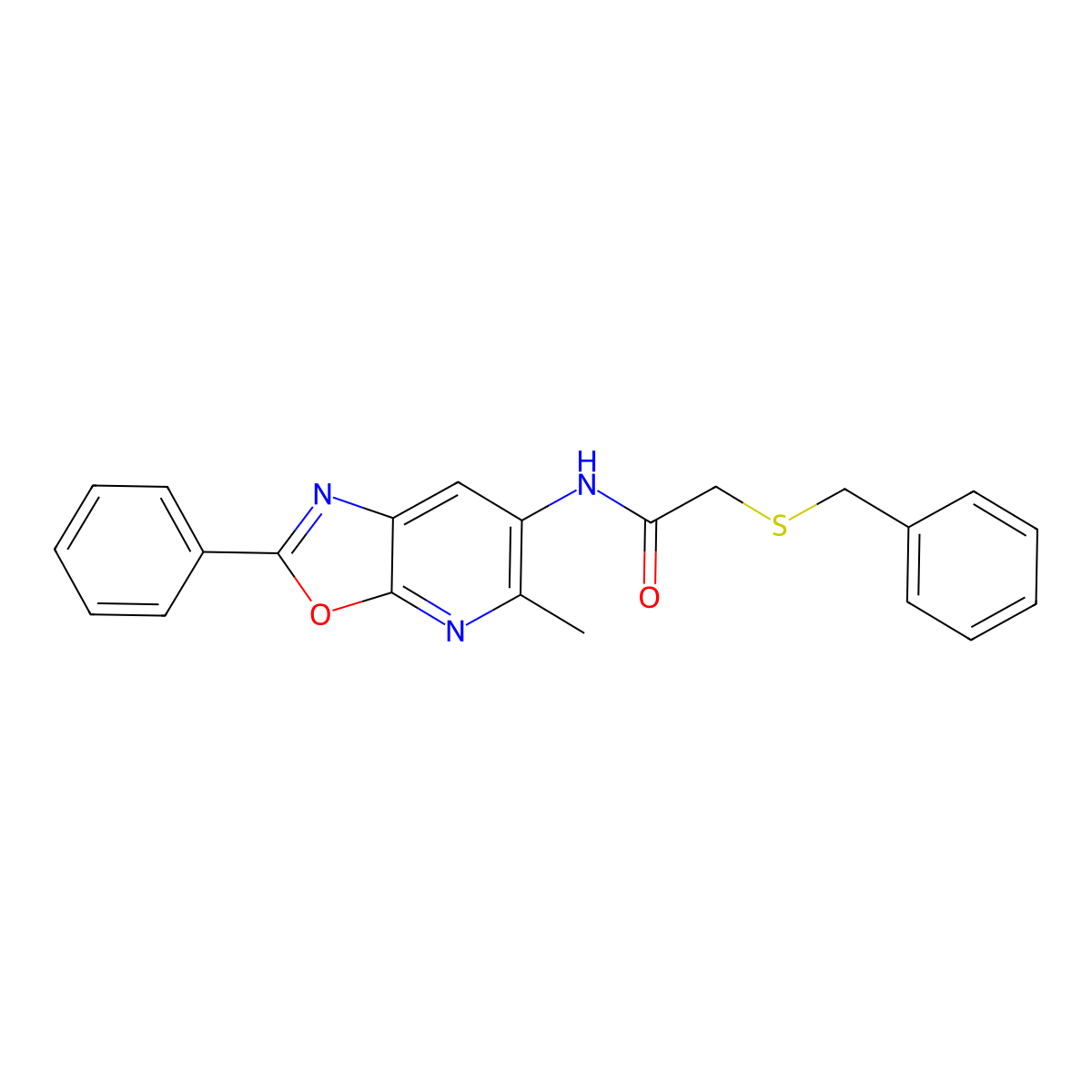 2-(benzylthio)-N-(5-methyl-2-phenyloxazolo[5,4-b]pyridin-6-yl)acetamide molecular structure, CAS 2034423-09-9