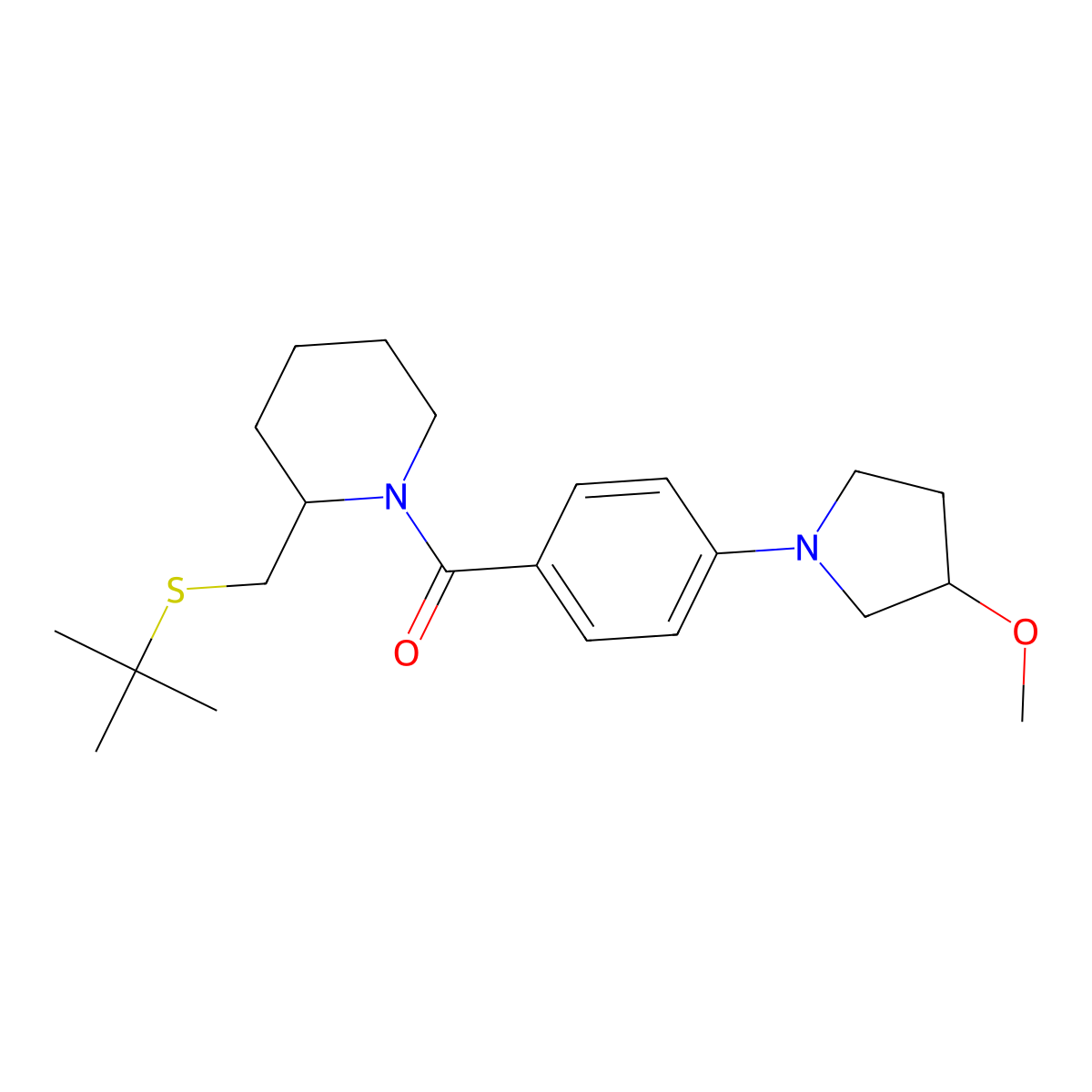 (2-((Tert-butylthio)methyl)piperidin-1-yl)(4-(3-methoxypyrrolidin-1-yl)phenyl)methanone molecular structure, CAS 2034423-17-9