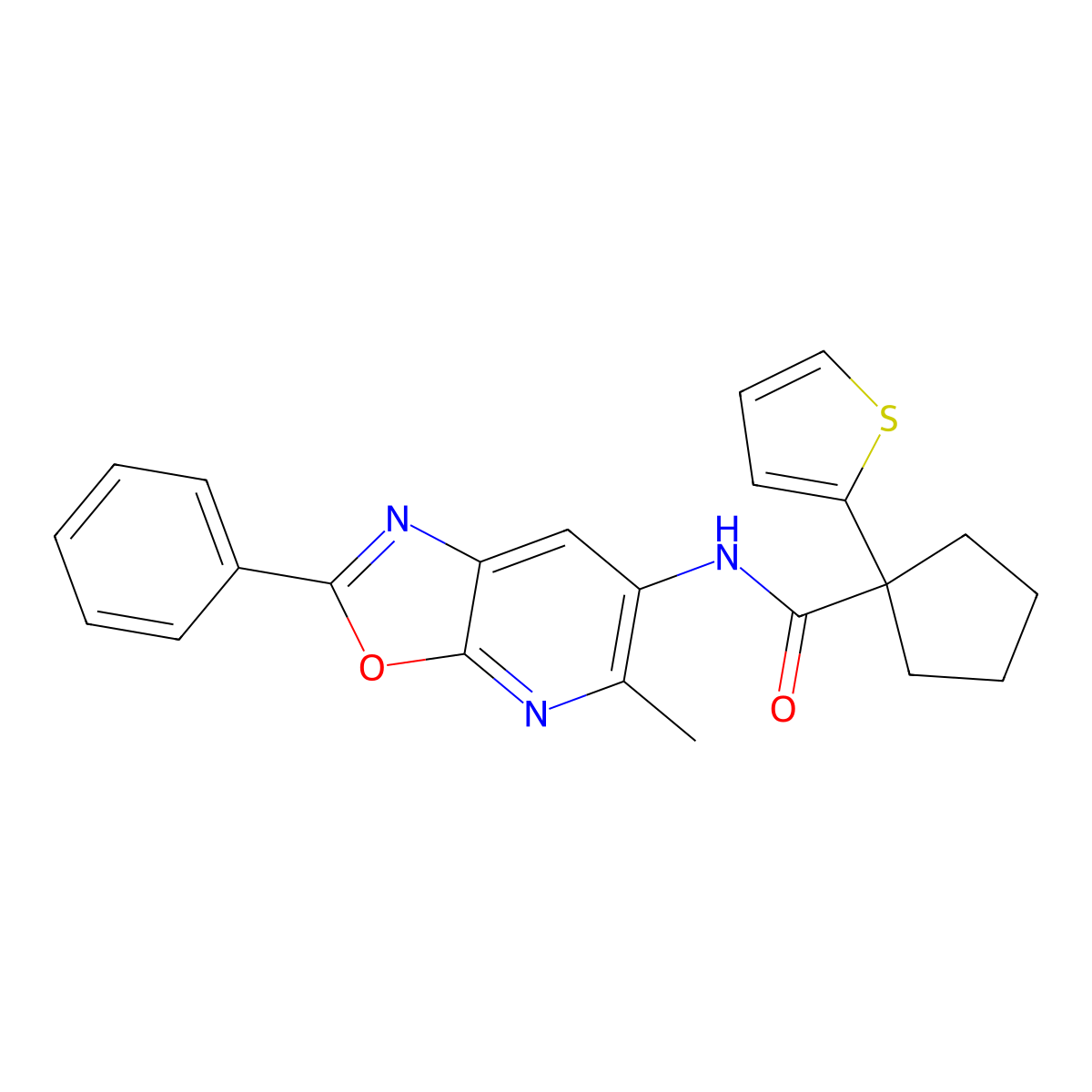 N-(5-methyl-2-phenyloxazolo[5,4-b]pyridin-6-yl)-1-(thiophen-2-yl)cyclopentanecarboxamide molecular structure, CAS 2034423-29-3