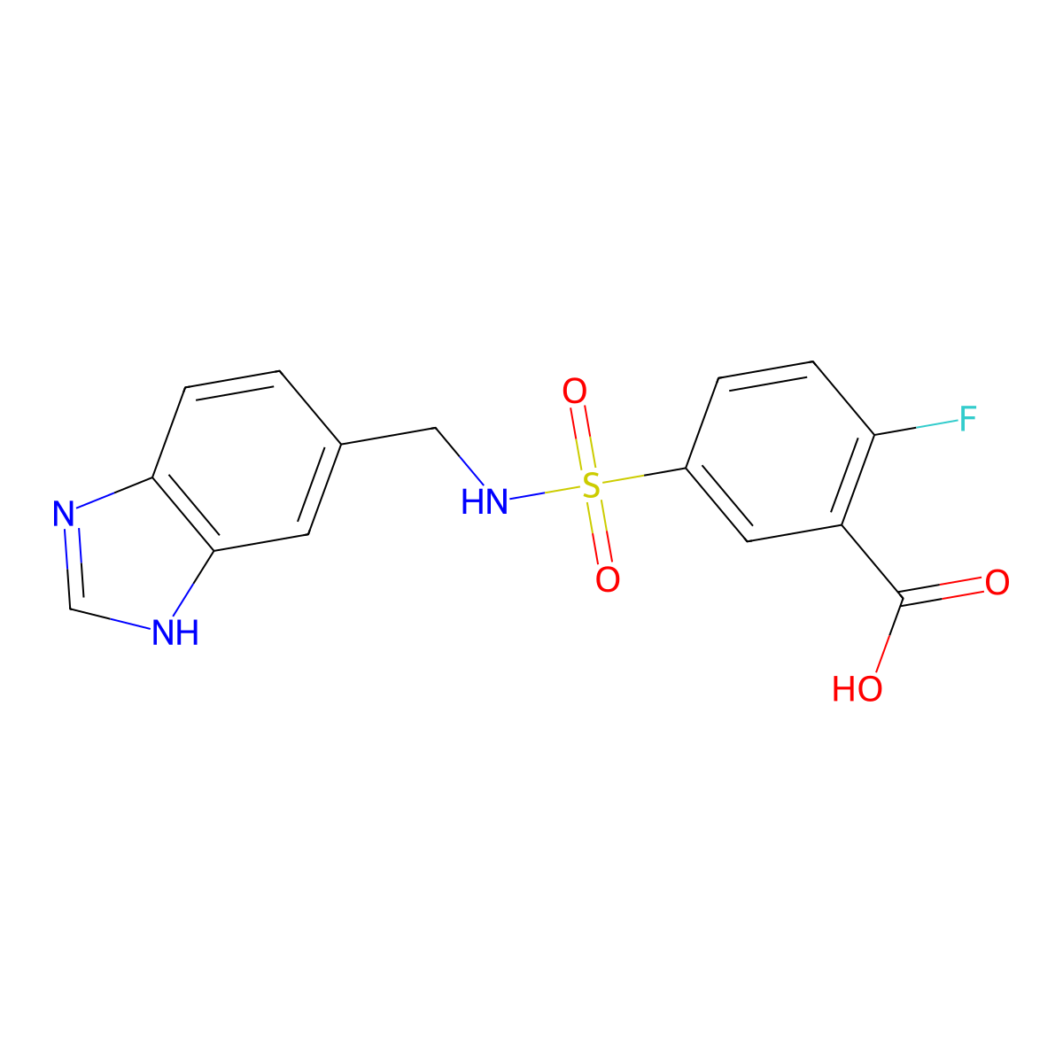 5-(N-((1H-benzo[d]imidazol-5-yl)methyl)sulfamoyl)-2-fluorobenzoic acid molecular structure, CAS 2034423-30-6