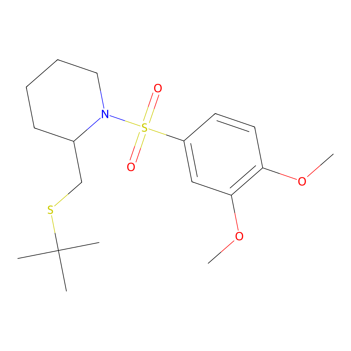 2-((Tert-butylthio)methyl)-1-((3,4-dimethoxyphenyl)sulfonyl)piperidine molecular structure, CAS 2034423-33-9
