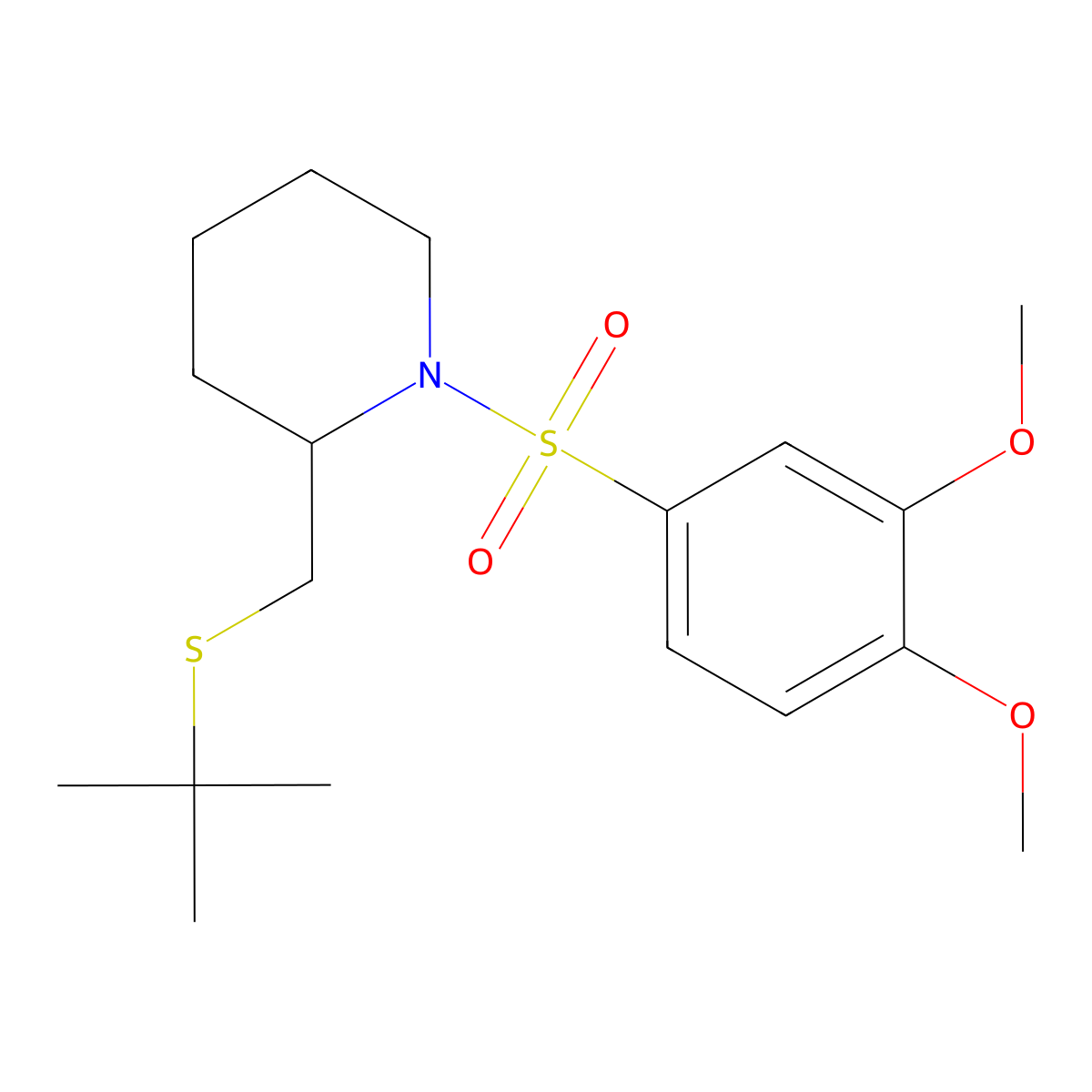 2-((Tert-butylthio)methyl)-1-((3,4-dimethoxyphenyl)sulfonyl)piperidine molecular structure, CAS 2034423-33-9