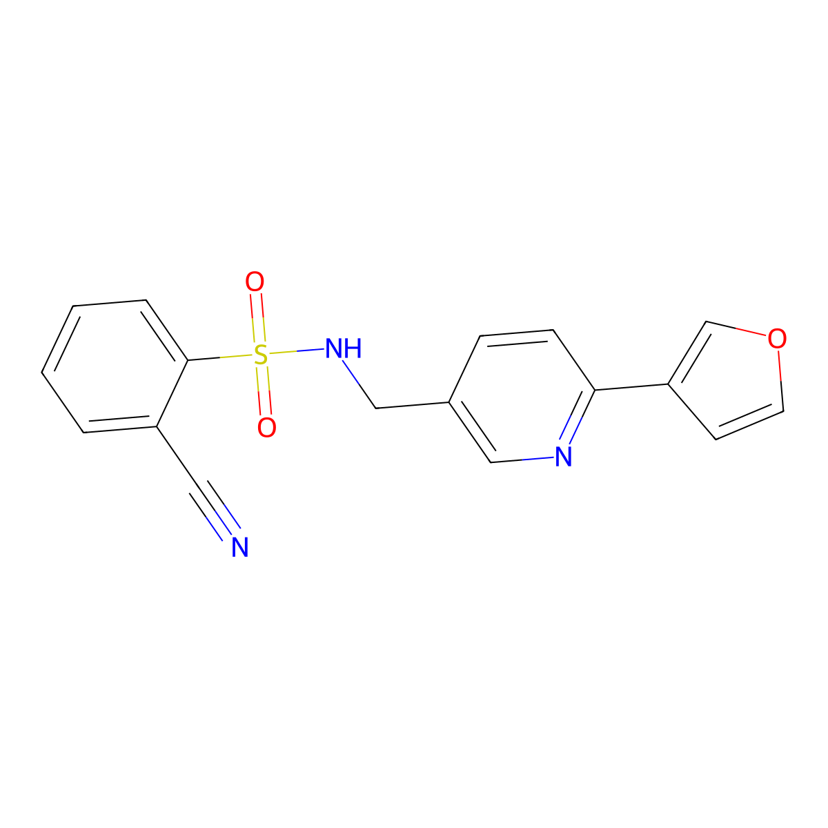2-cyano-N-((6-(furan-3-yl)pyridin-3-yl)methyl)benzenesulfonamide molecular structure, CAS 2034423-42-0